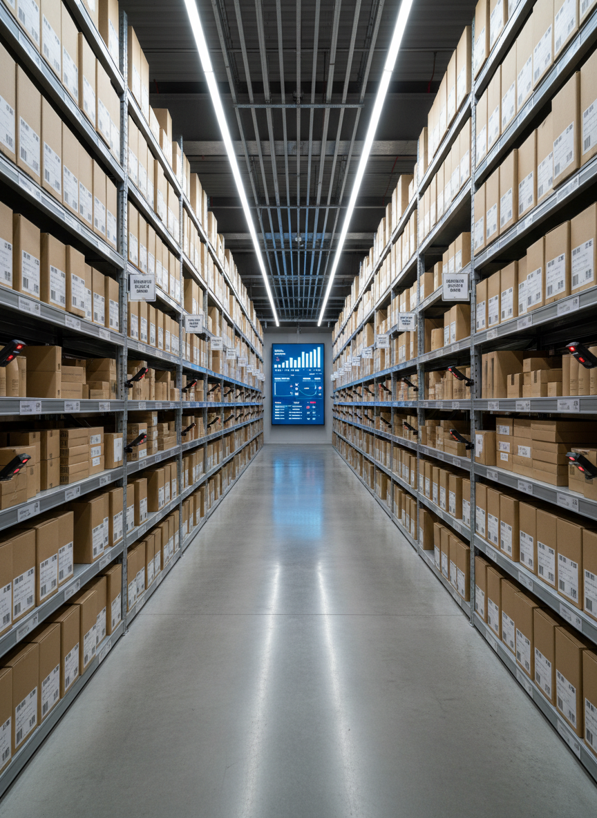 A long, photographic aisle in a well-organized warehouse, shelves stretching into the distance on both sides, stacked with uniformly labeled cardboard boxes and neatly arranged products in neutral packaging. Small digital scanners and barcode labels are visible on shelf edges, hinting at integrated inventory systems. Overhead LED lighting casts bright, even illumination, creating rhythmic patterns of light and shadow along the polished concrete floor. At the far end, a large digital display panel glows with a simplified visual of stock levels and order flow. Shot from eye level with deep focus, the image conveys scale, order, and streamlined logistics, embodying reduced inventory chaos and efficient, systematized operations.