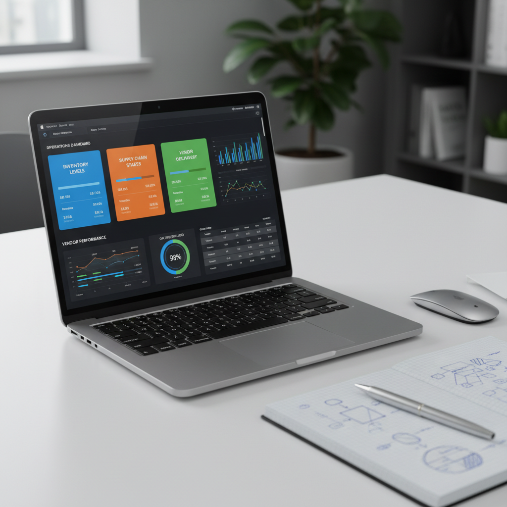 A close-up, photographic shot of a sleek laptop on a clean, matte-white desk, its high-resolution screen filled with a structured operations dashboard showing inventory levels, supply chain stages, and vendor performance metrics in clear, color-coded blocks and graphs. Next to the laptop sit a slim metal pen, a graph-paper notebook with precise, geometric diagrams, and a minimalist wireless mouse. Cool, indirect office lighting combines with soft natural light from an unseen window, creating subtle highlights along the laptop’s brushed aluminum edge. Captured at a slightly elevated angle with shallow depth of field, the interface is crisp while the background fades into a soft blur, conveying focus, control, and the precision of professional operations consulting.